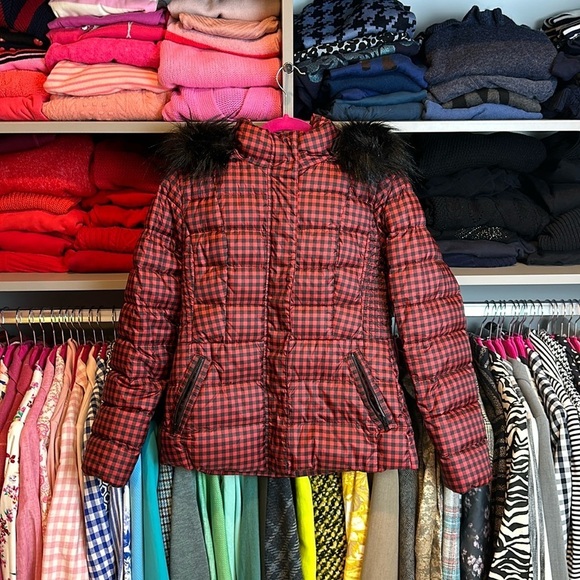Talbots red and black gingham puffer coat with detachable faux fur hood size XS - Picture 1 of 6